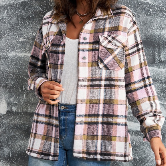 PLAID BUTTON FRONT SHIRT JACKET BREAST POCKETS - Picture 3 of 4